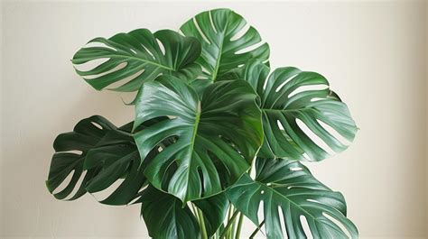 Lush green monstera plant with fenestrated leaves against neutral