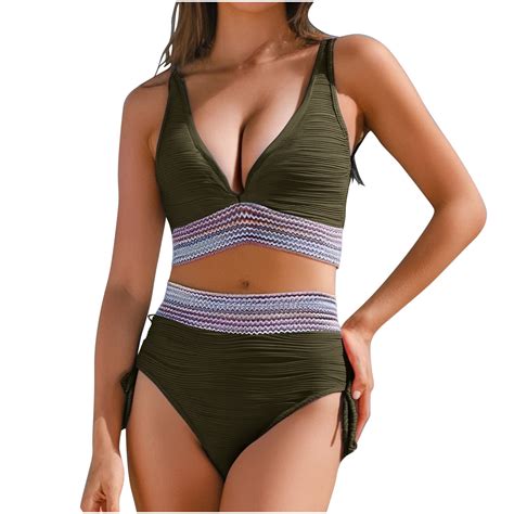 Utsjkr Ruched Tummy Control Bikini Swimsuits For Women Color Block Two Piece Tankini Sets