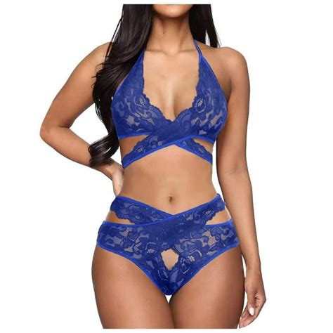 Mesdames Mode Sexy Tentation Lingerie Dentelle Neckband Babydoll Sous Vêtements l Bleu