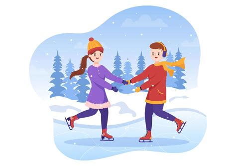 Ice Skating Hand Drawn Cartoon Flat Illustration Of Winter Fun Outdoors