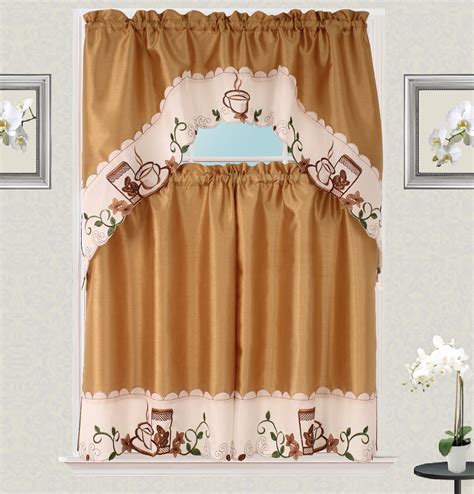 Cappuccino Embroidery Design Kitchen Curtain With Swag And Tier Set 36 Inch Coffee Color