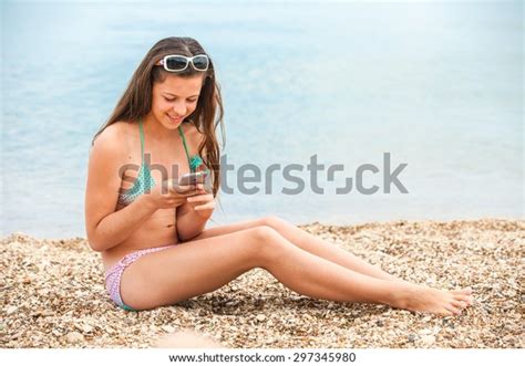 Sunbather Girl Wearing Bikini Using Smart Stock Photo 297345980