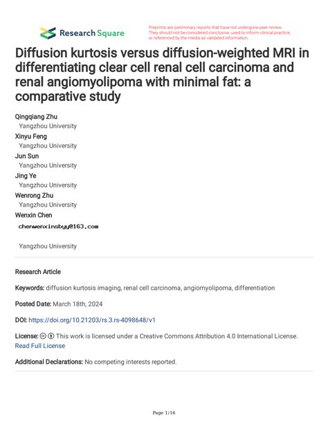 PDF Diffusion Kurtosis Versus Diffusion Weighted MRI In