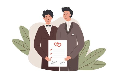 A Cute Male Couple In Suit Holding Signed Marriage Certificate Happy Married Gay Men With