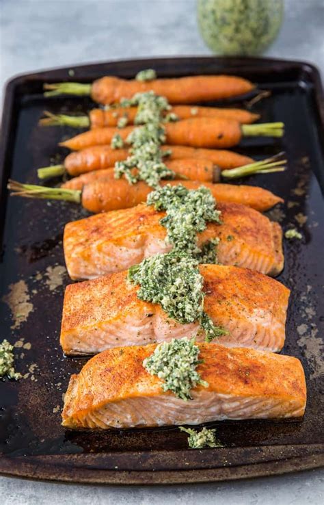 Sheet Pan Pesto Salmon And Carrots The Roasted Root