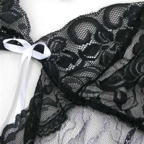 Sexy Black Deep V Cut Out Floral Lace Bodysuit One Piece Lingerie Set N