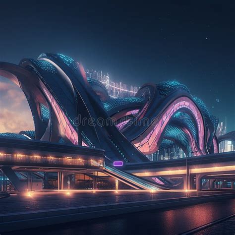 Futuristic Train Station With Neon Lights Stock Illustration