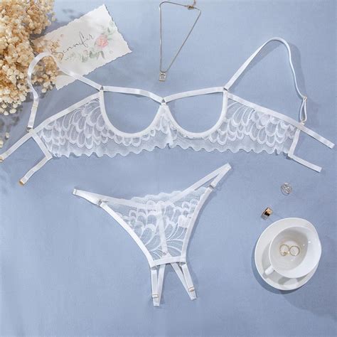 Lilosy Sexy Underwire Floral Lace Sheer Lingerie Set For Women See Through Bra And Panty Piece