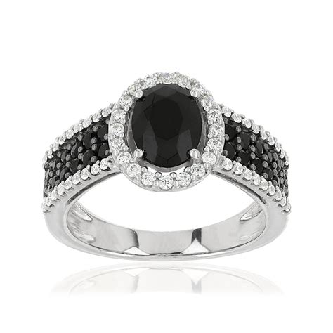 Bague Argent Ovale Pierre Imitation Noire Et Zirconias Blancs Et