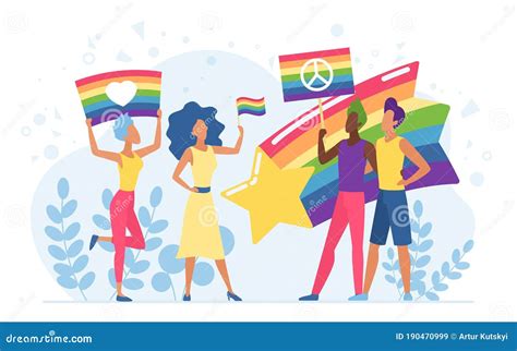 Lgbt Pride Festival Vector Illustration Cartoon Flat Homosexual Characters Holding Rainbow Flag