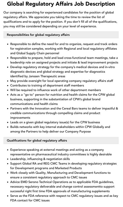 Global Regulatory Affairs Job Description Velvet Jobs