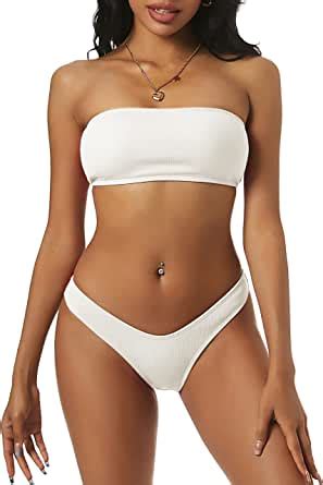 Amazon ZAFUL Women S Strapless Ribbed Lace Up High Cut Two Piece Bandeau Bikini Set A