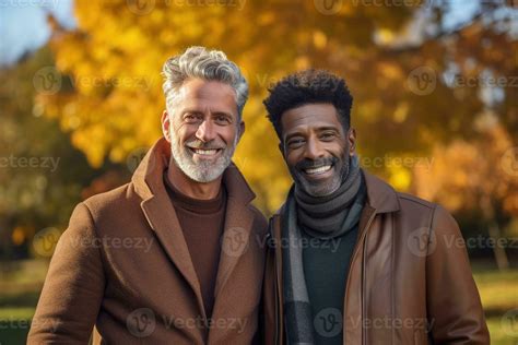 Interracial S Gay Couple Or Friends Walking In Park Outdoors Fall Season AI Generative
