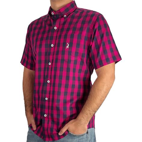 Camisa Masculina Austin Western Manga Curta Slim Xadrez Rosa No Shoptime