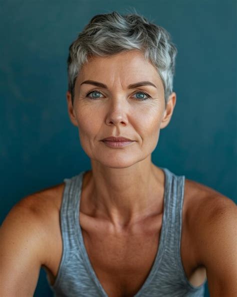 Premium Photo Portrait Of A Mature Woman With Grey Hair And Blue Eyes