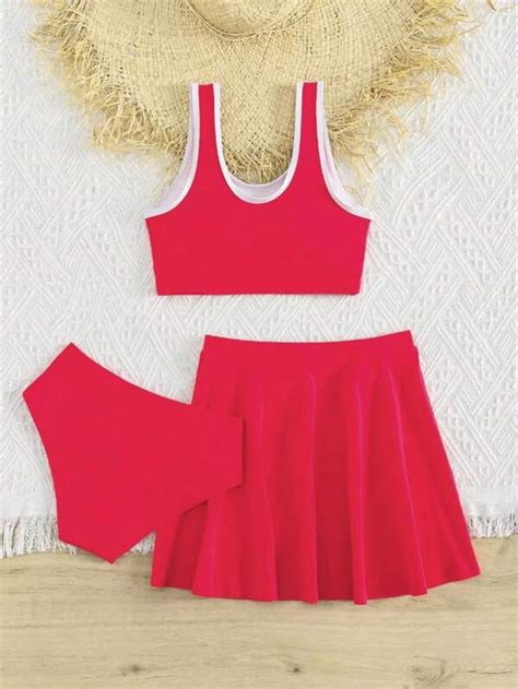 Chica preadolescente Bañador bikini con estampado de letra unido en contraste con falda de playa