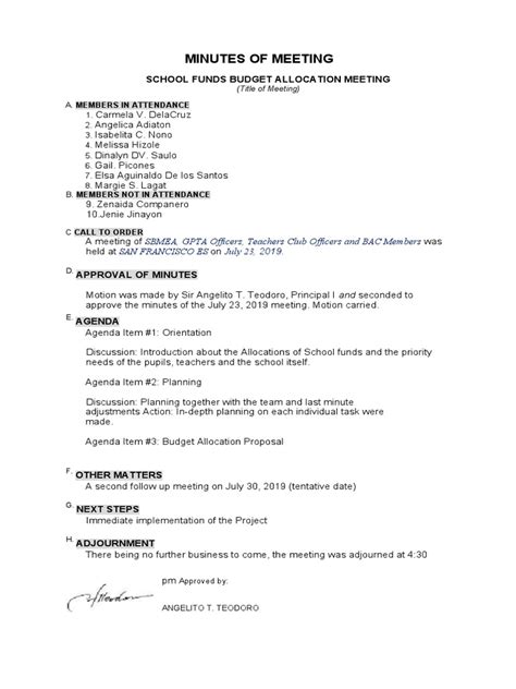 sample minutes  meeting