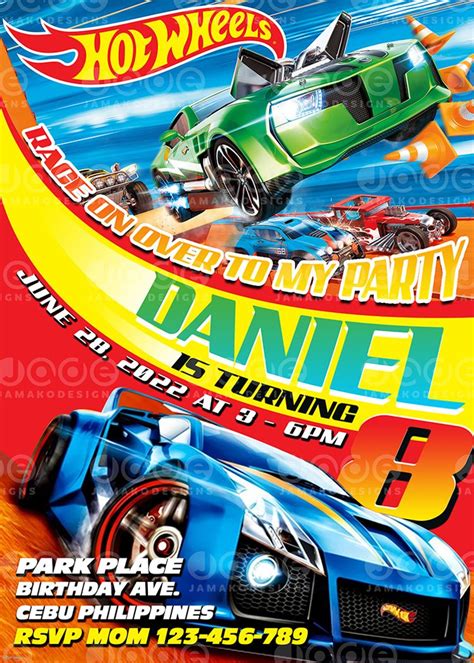 Hot Wheels Birthday Invitation Template 4 X 6 Or 5 X 7 Free Backside