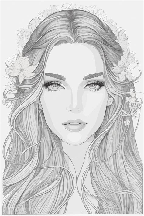 Um Desenho De Uma Mulher Com Cabelos Longos E Flores Vetor Premium