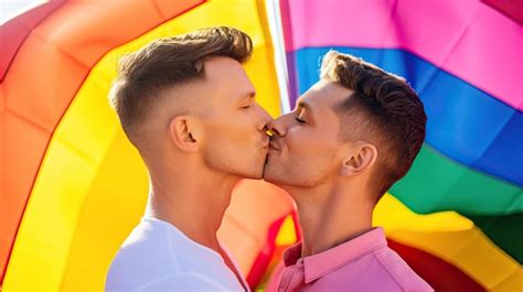 Dos Hombres Guapos Besando La Bandera Del Arco Iris De Una Pareja Gay En El Concepto De Lucha De