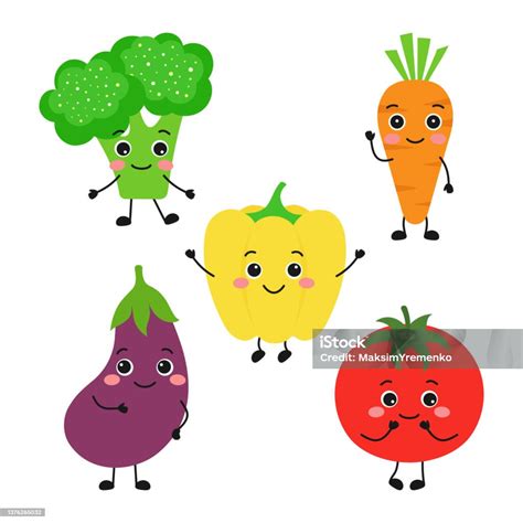 Set With Cute Cartoon Vegetables Characters Isolated On White Stock Illustration Download