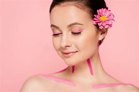 Smiling Naked Beautiful Woman With Pink Stock Image Image Of Chrysanthemum Woman