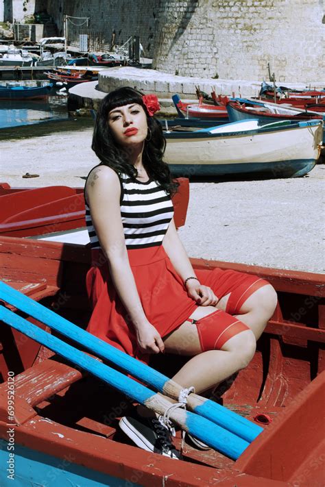 Harbor Pin Up Red Skirt Stripes Retro Glasses Red Heels Secrets Beneath Garter Belt Nude