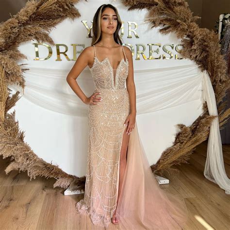 Luxury Nude Spaghetti Straps Mermaid Arabic Long Evening Dress With High Slit Overskirt For