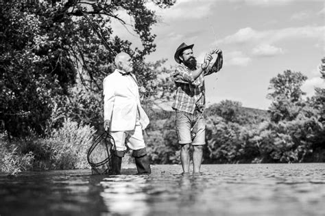 Nice Day For Fishing Retired Father And Mature Son With Beard Fly Fishing Adventures Hobby Of