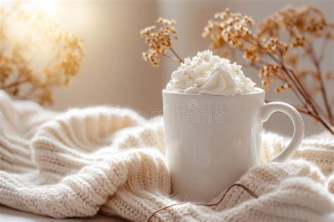Mockup Of White Ceramic Mug With Hot Chocolate And Whipped Cream Generative Ai Stock Photo
