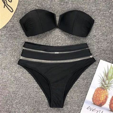 Swim High Waisted Mesh Notch Front Bandeau Bikini Set Poshmark