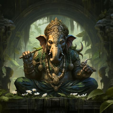 A Statue Of An Elephant With A Gold Chain Around Its Neck Premium Ai