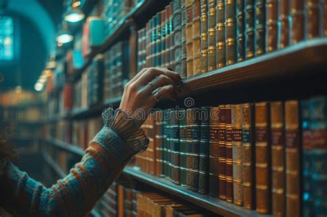 A Woman Is Reaching For A Book On A Shelf In A Library Stock Image