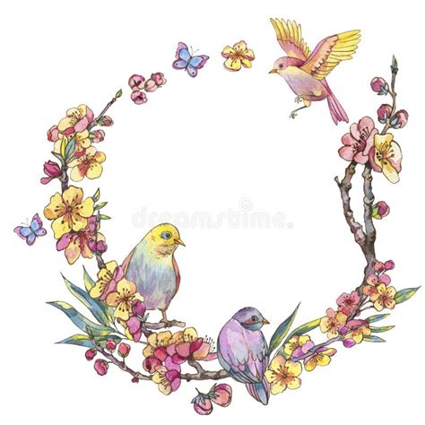 Watercolor Spring Round Frame Vintage Floral Wreath With Birds Stock