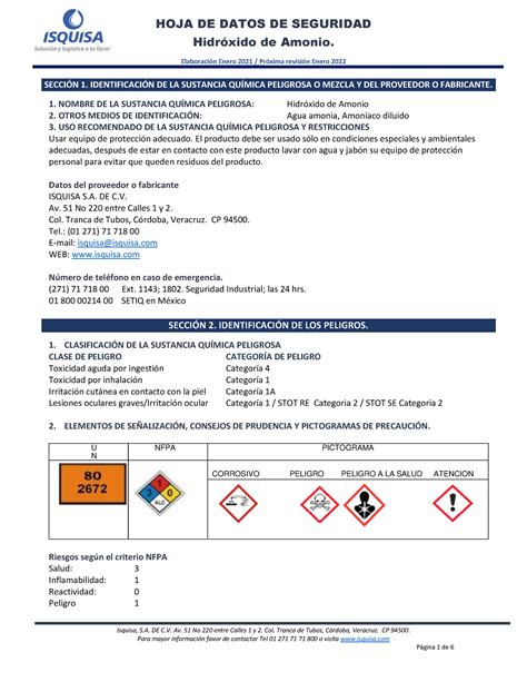 HDS Hidróxido de Amonio Elaboración Enero 2021 Próxima revisión