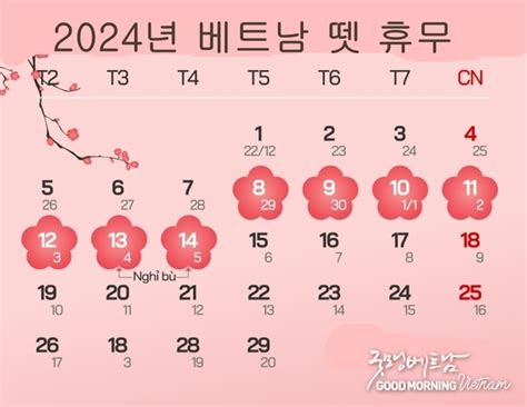 베트남 2024년 예상 공휴일 및 뗏 구정