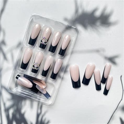 uñas postizas a presión largas tipo ataúd rosa nude uñas postizas francesas brillantes con