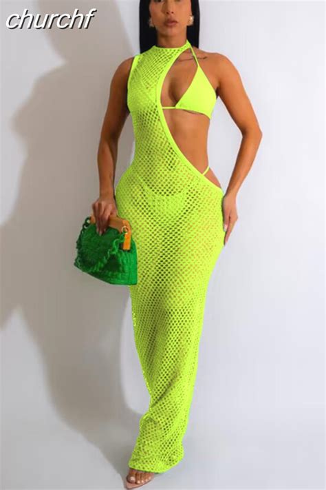 Churchf Beach Wear Mesh Piece Set Women Sexy Lace Up Bikini Cut Out See Through Long Dress