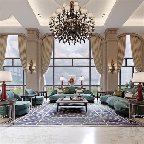 Роскошная большая гостиная с высокими потолками и большими окнами в ...