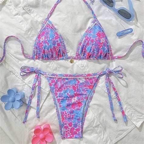 Pink And Blue Floral Bikini Set Beachy Depop