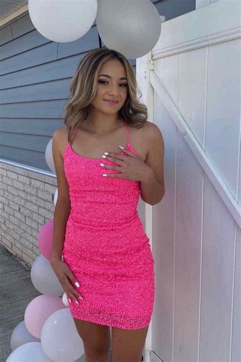 Hot Pink Sequined Bodycon Dress Homecoming Dresses Sparkly Cute Homecoming Dresses
