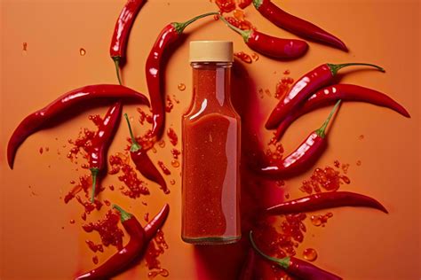 Ai Generated Tabasco Hot Pepper Sauce With Red Chili Pepper Flat Lay Generative Ai
