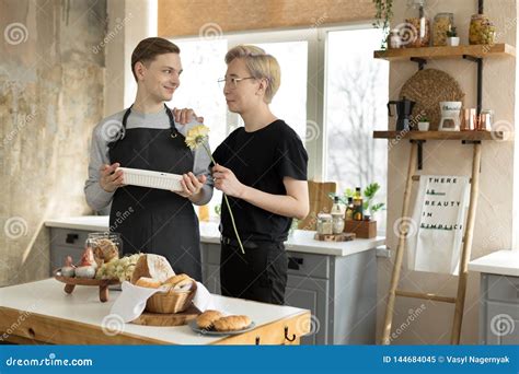 Two Gay Men In The Kitchen In The Morning One Asian Second European Asian Blonde Guy In