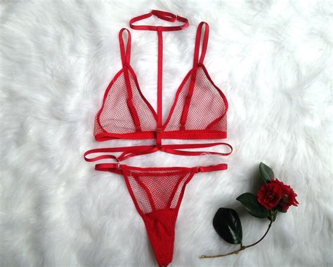 Red Fishnet Lingerie Set Sexy Lingerie Red Lingerie Set See Through Lingerie Sheer Lingerie