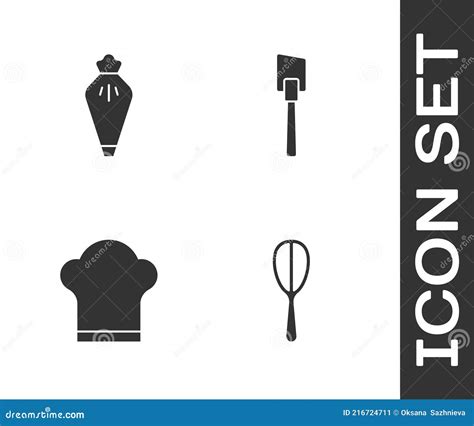 Set Kitchen Whisk Pastry Bag Chef Hat And Spatula Icon Vector Stock