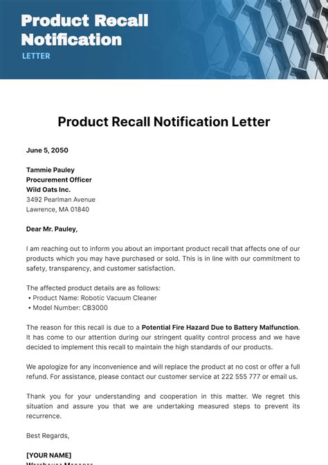 Free Product Recall Notification Letter Template to Edit Online