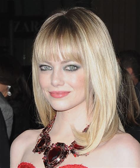 Emma Stone Long Straight Champagne Blonde Hairstyle With Blunt Cut