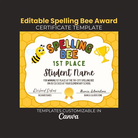 Editable Spelling Bee Certificates Spelling Bee Printable Certificates Spelling Awards School