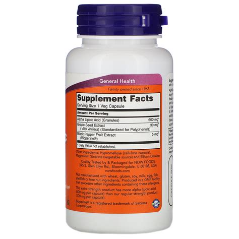 Now Foods Alpha Lipoic Acid Extra Strength 600 Mg 60 Veg Capsules