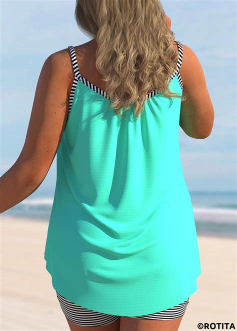 Rotita Striped Bowknot Cyan Spaghetti Strap Tankini Set Rotita